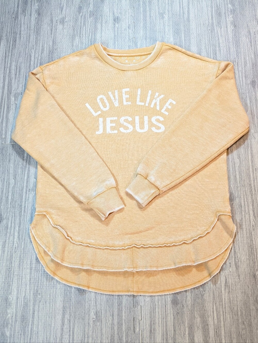 Small Town Society Love Like Jesus Acid Wash Gold Crewneck Sweatshirt Soft Sz M - Picture 3 of 9